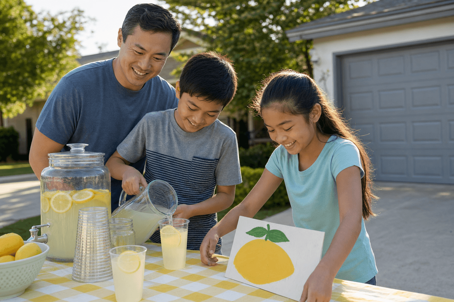 A parent and kids smiling together at a homemade lemonade stand