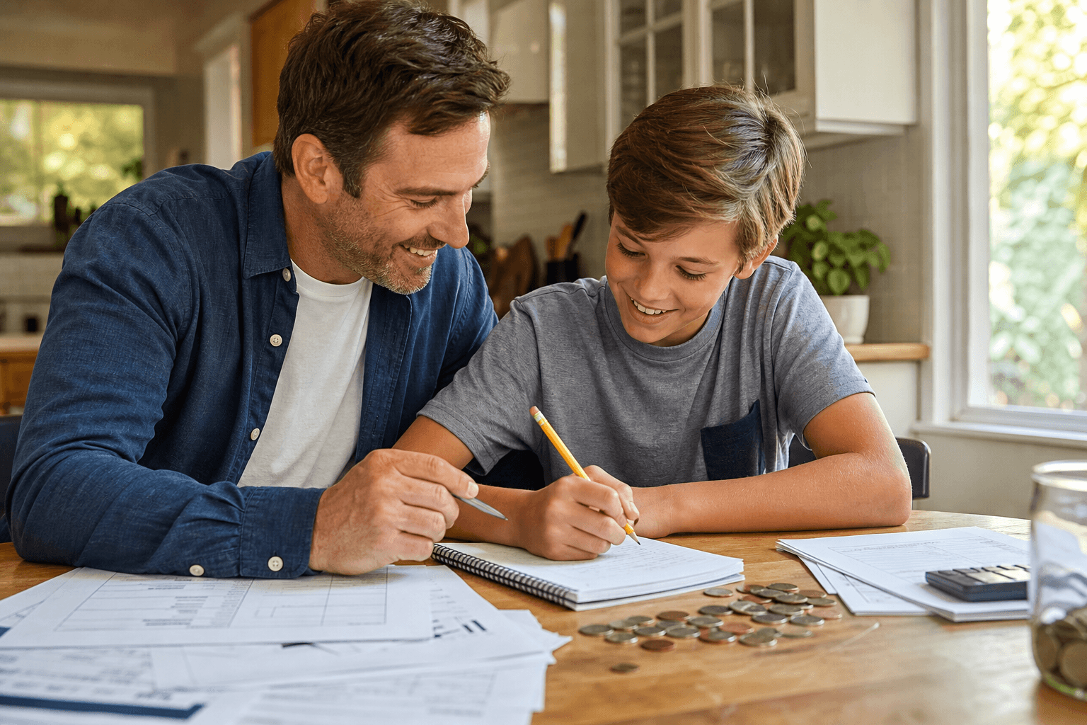 Parent and child planning a side gig together at the kitchen table