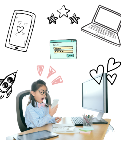 Young girl at a computer with excited face and doodles all around